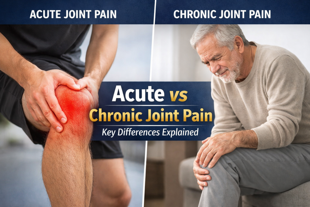 Acute vs chronic joint pain comparison showing knee injury with red inflammation and older adult experiencing long-term joint pain