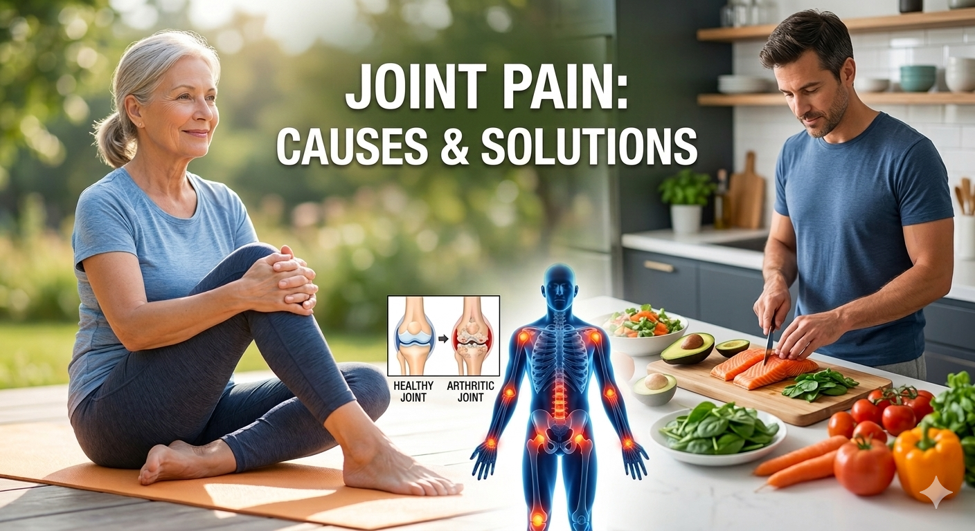 Comprehensive guide to joint pain causes and solutions featuring healthy lifestyle habits like exercise and anti-inflammatory diet.